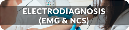 A medical technician attaches electrodes to the arm of a patient for an EMG diagnosis. Title reads: Electrodiagnosis (EMG & NCS)